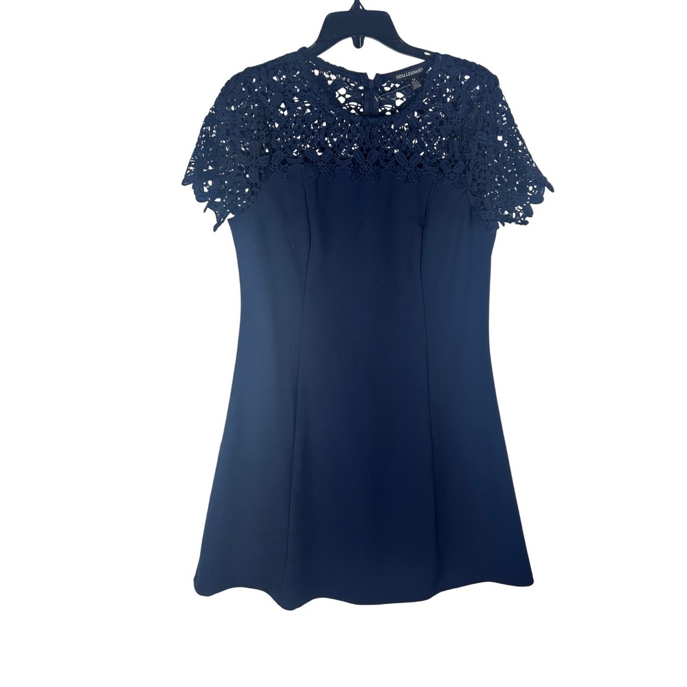 Nina Leonard Womens Navy Blue Crochet‎ Lace Yoke Fit & Flare Dress Size Medium